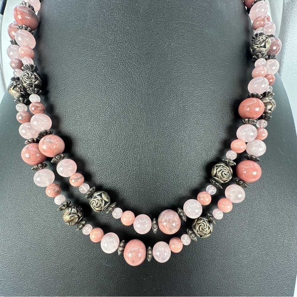 Pink Stone & Quartz Beaded Necklace Two Layer Silver-tone Bead Rose Spacers 18”
